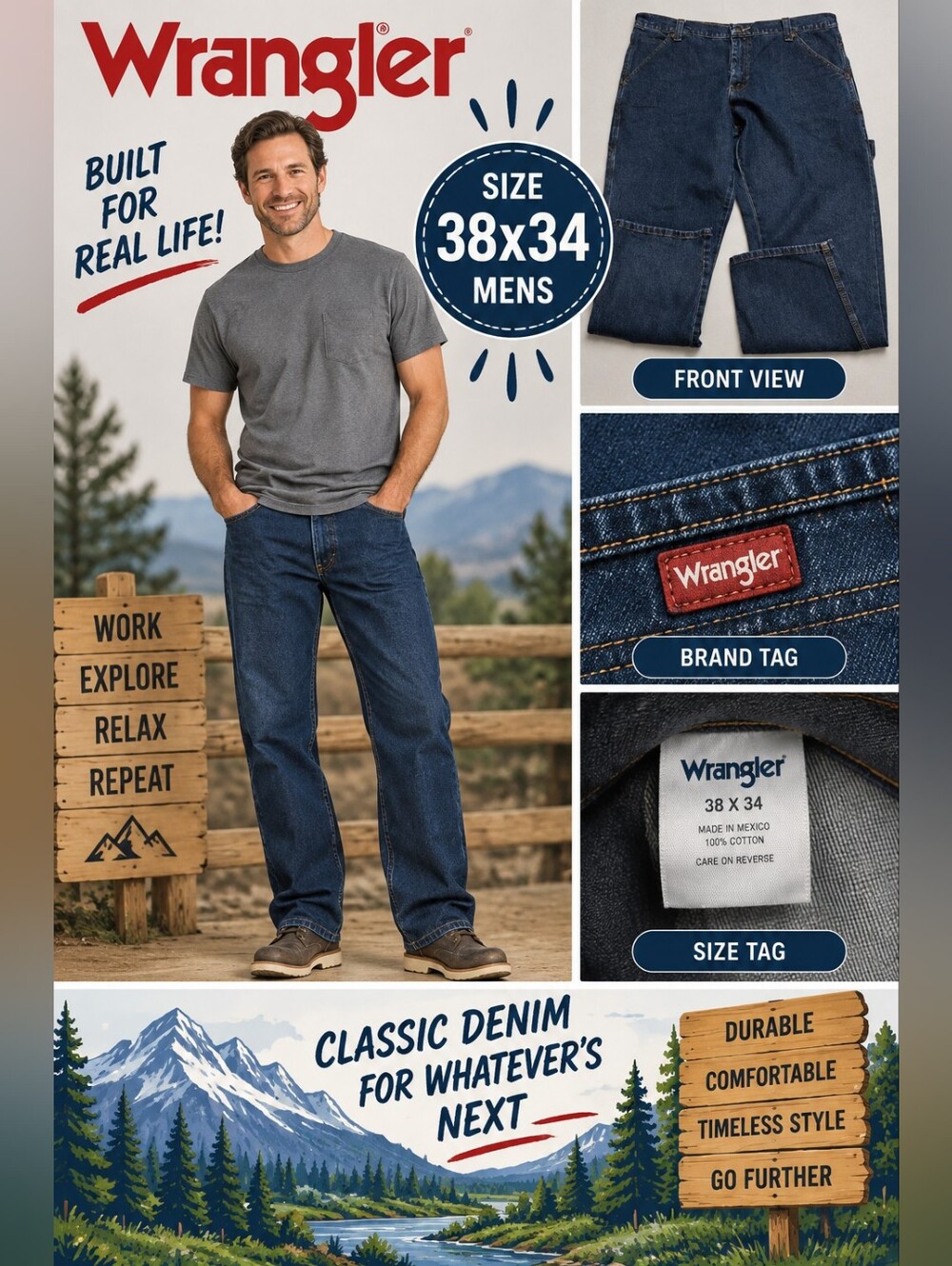 Wrangler mens 38x34 denim straight jeans #05
